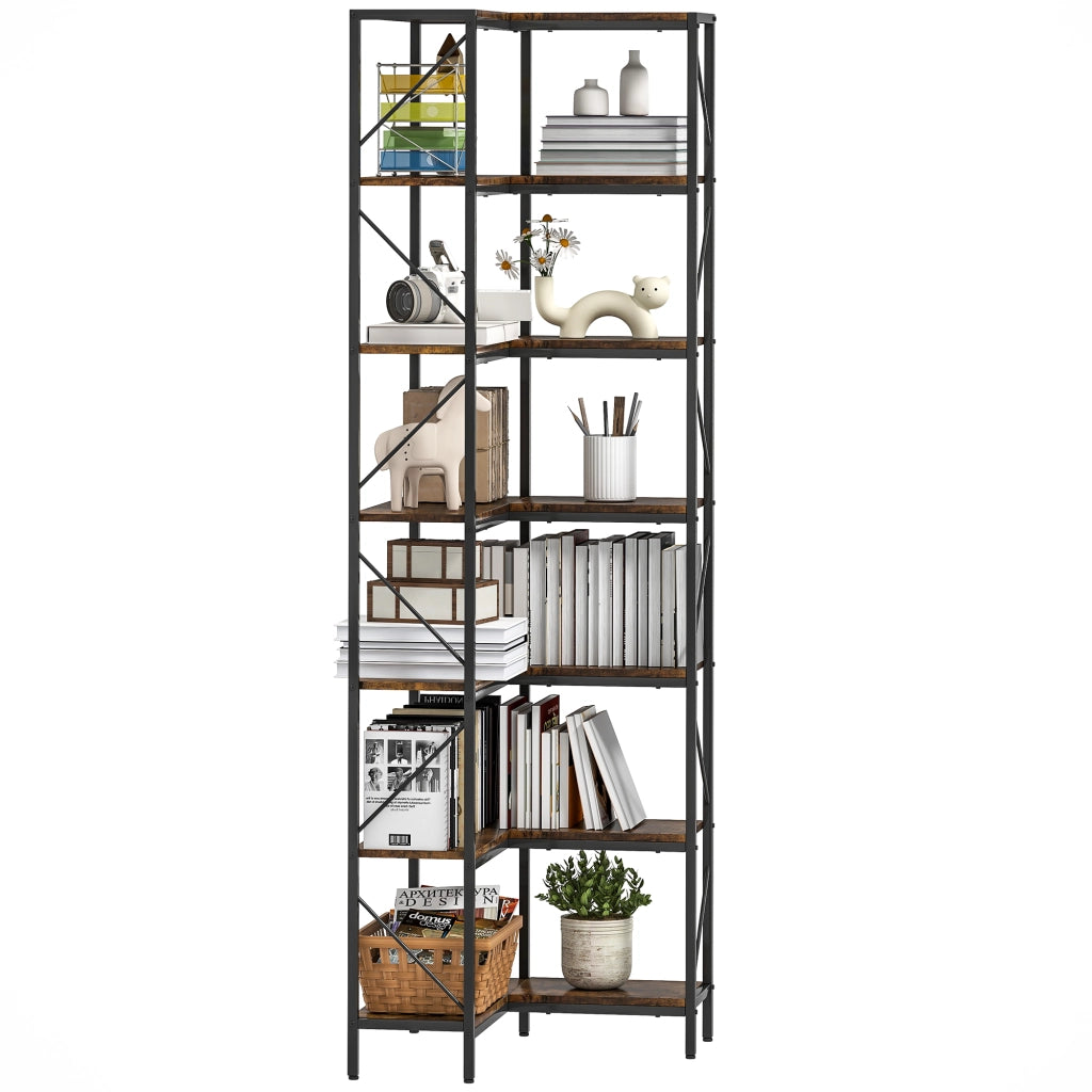 Libreria Angolare Industriale 7 Livelli ¨C Zephmum ¨C Legno Acciaio 60x60x198 Marrone Rustico