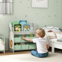 Scaffale Portagiochi con 6 Cassetti in Tessuto e Libreria a 2 Livelli, in Legno e Acciaio, 63x30x71 cm, Verde