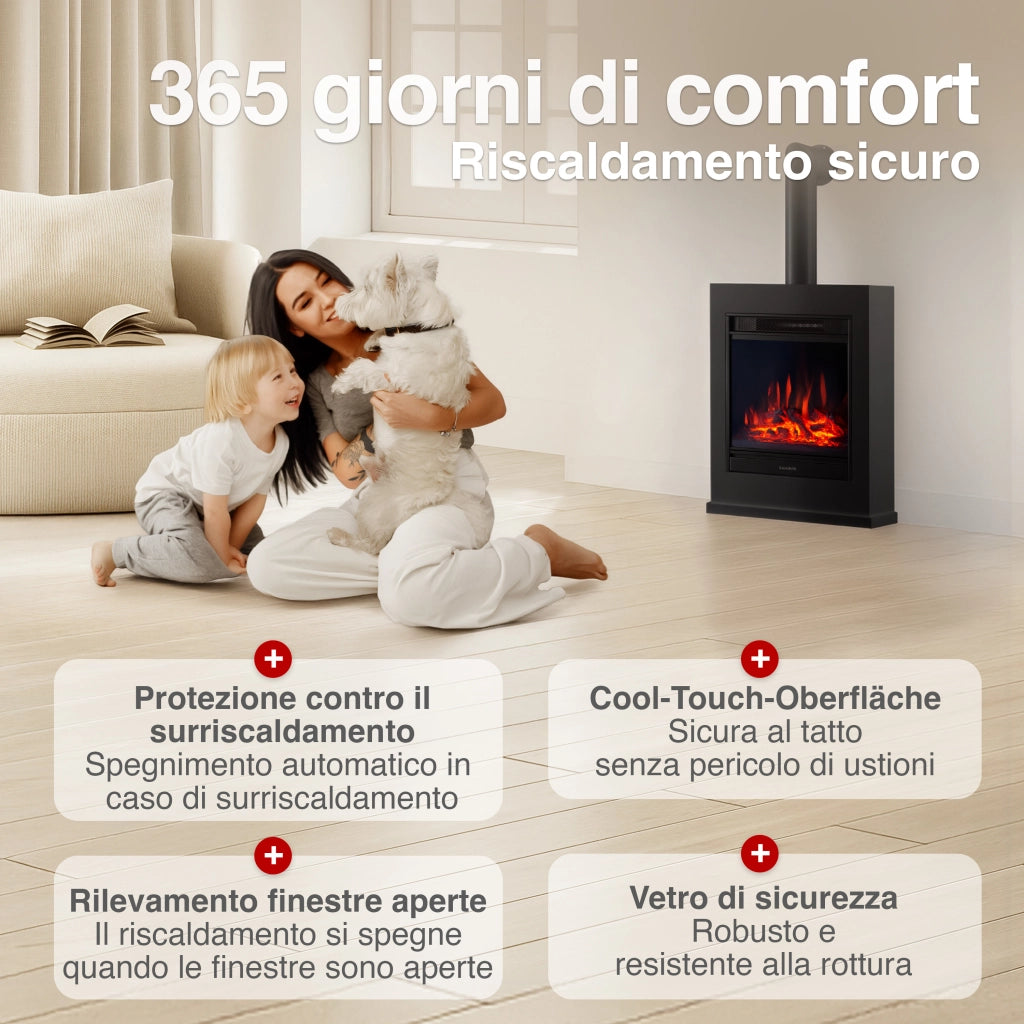 KAMINIO Camino elettrico KALLE con tubo del camino - Caminetto elettrico a pavimento con riscaldamento, effetto fiamma 3D, telecomando - Nero