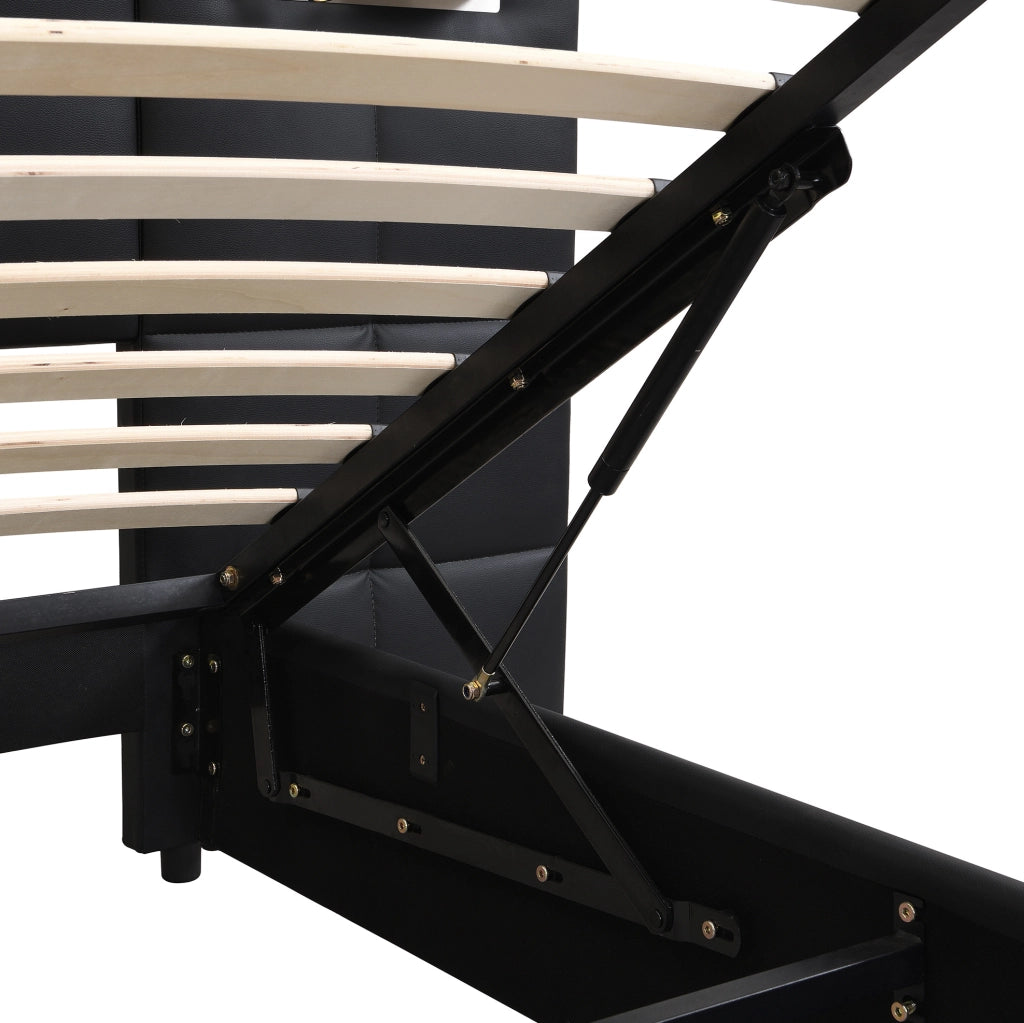 Letto matrimoniale imbottito 180x200 cm in PU nero con USB; ricarica wireless e contenitore