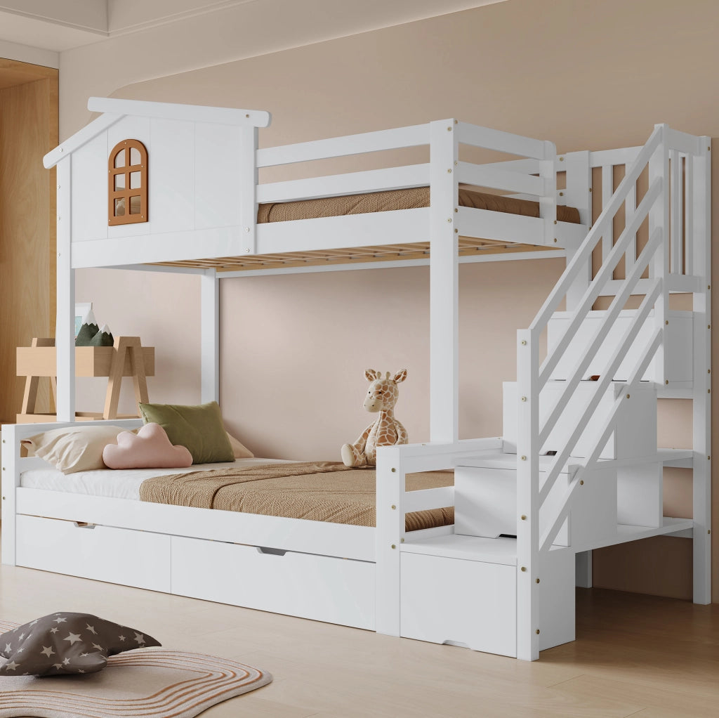 Letto a castello per bambini con 2 cassetti e scala ad angolo; per materassi 90x200 cm e 120x200 cm; bianco e naturale