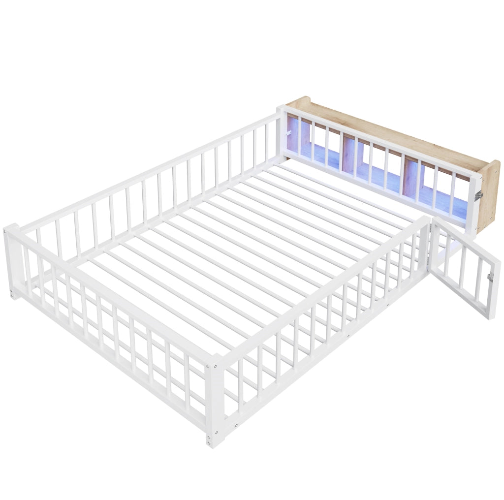 Letto 140x200 cm con sponde; vani portaoggetti e LED in MDF e metallo bianco