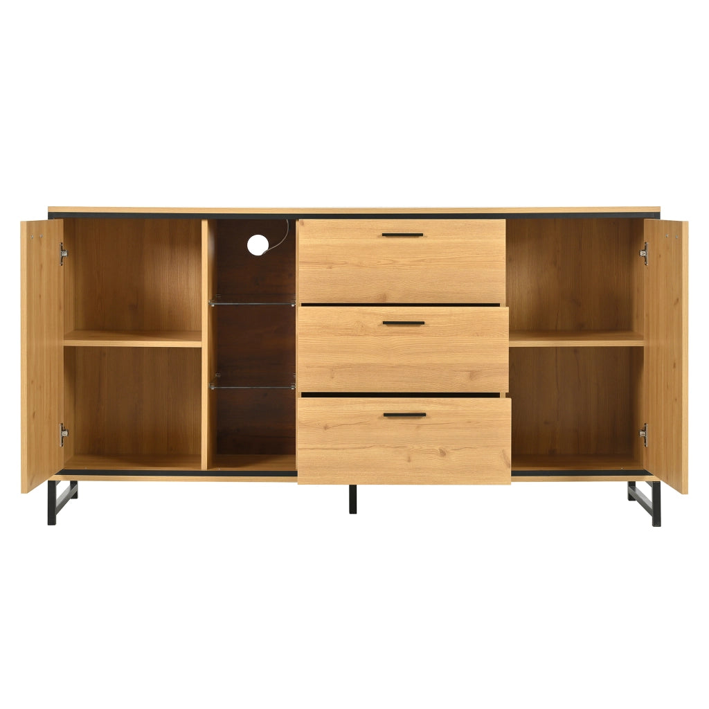 Credenza con 3 cassetti, ripiani regolabili e LED, per soggiorno, legno naturale e nero, 160 × 40 × 85 cm
