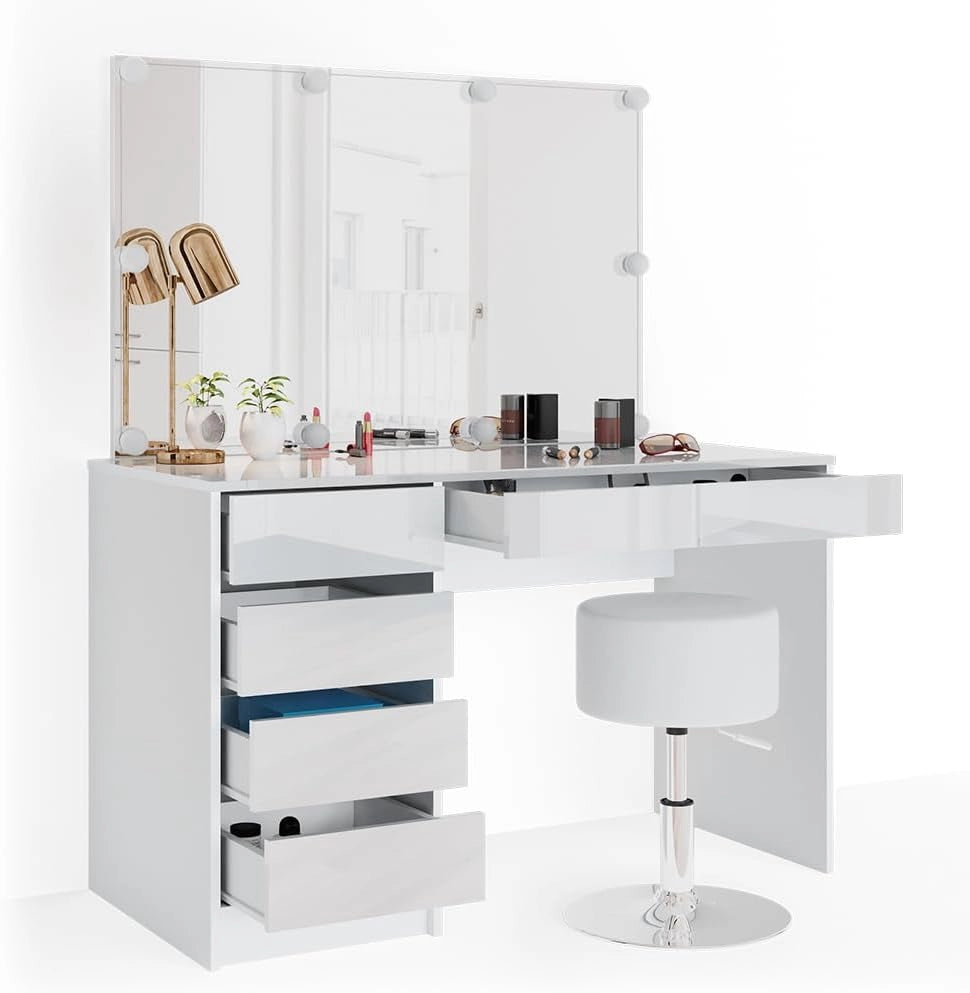 Vicco Tavolo da toeletta Sherry, Bianco, 120 cm con illuminazione LED e sgabello, adatto per l’uso quotidiano con telaio stabile