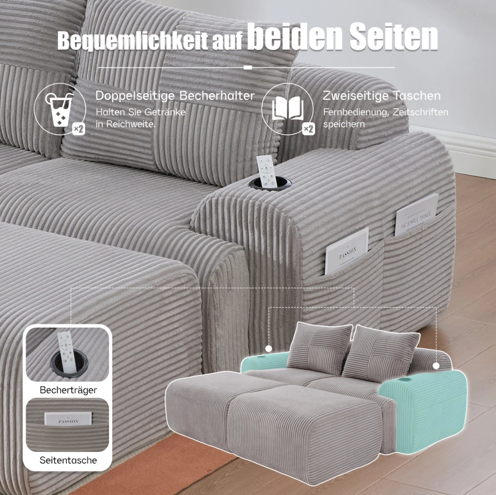 Divano modulare 2 posti 200x174x80 cm in velluto a coste; grigio chiaro con portabicchieri