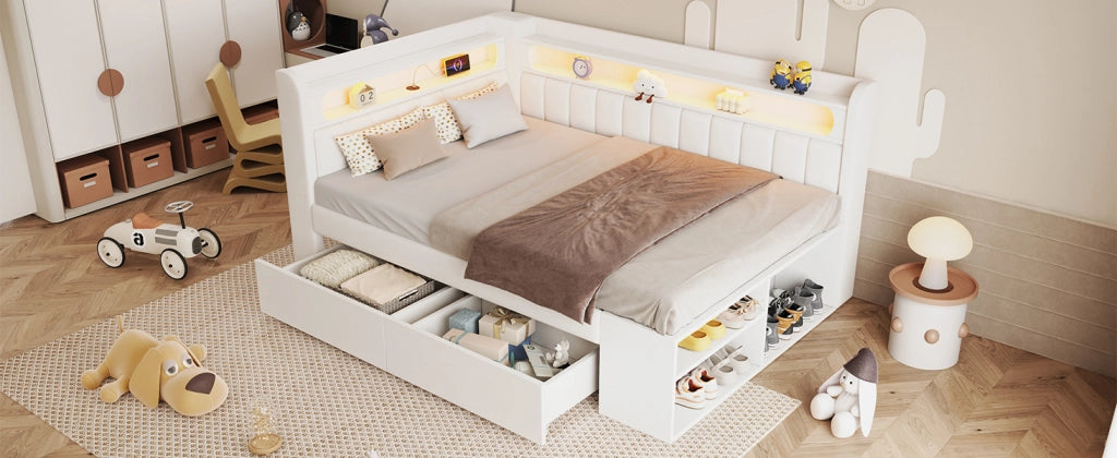 Divano letto imbottito con USB LED 7 colori armadietto portascarpe e 2 cassetti in MDF e tessuto bianco 90 × 200 cm