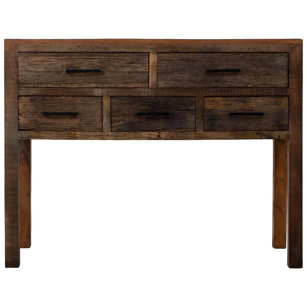 Mobile da ingresso in legno con 5 cassetti marrone, 110x40x85h cm