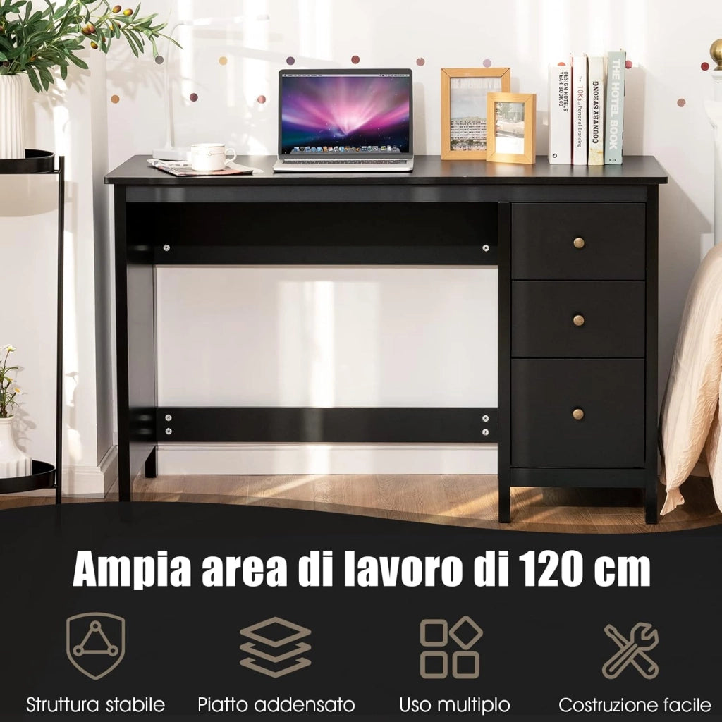 Scrivania per Computer con 3 Cassetti, Scrivania Salvaspazio con Dispositivo Antiribaltamento, Postazione di Lavoro Multifunzionale per Casa e Ufficio, 120 x 50 x 75 cm (Nero)