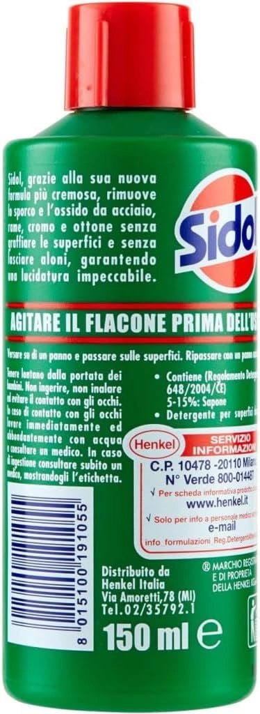 Sidol Lucidante per Metalli 150 ml ? Pulitore e Brillantante di Henkel per Rame, Ottone, Cromo e Acciaio Inox ? Cura Metallo Senza Graffi per Casa e Cucina