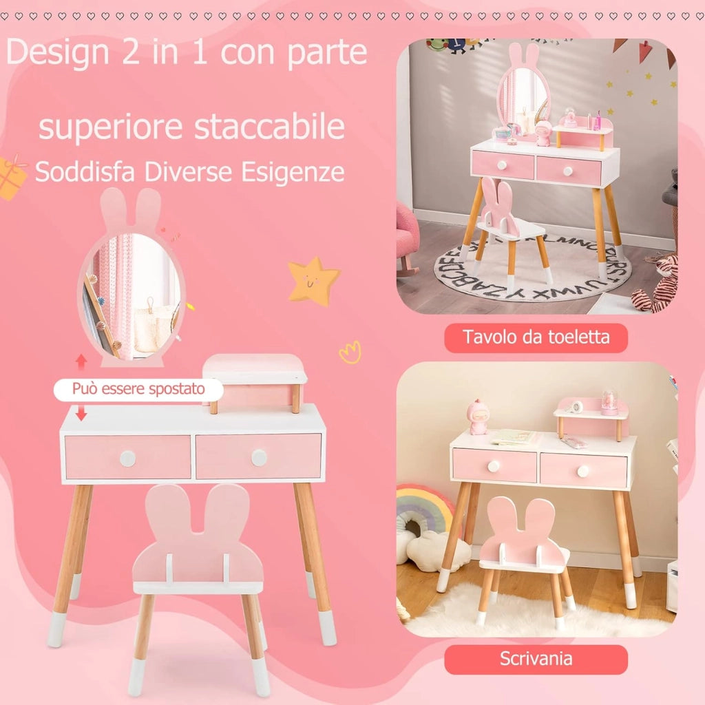 Toeletta Trucco 2 in 1 per Bambina, Specchiera a Forma di Coniglio Staccabile per Ragazza in Legno con Sgabello, Ripiano e 2 Cassetti, Postazione Trucco, 78 x 37 x 110cm (Rosa)