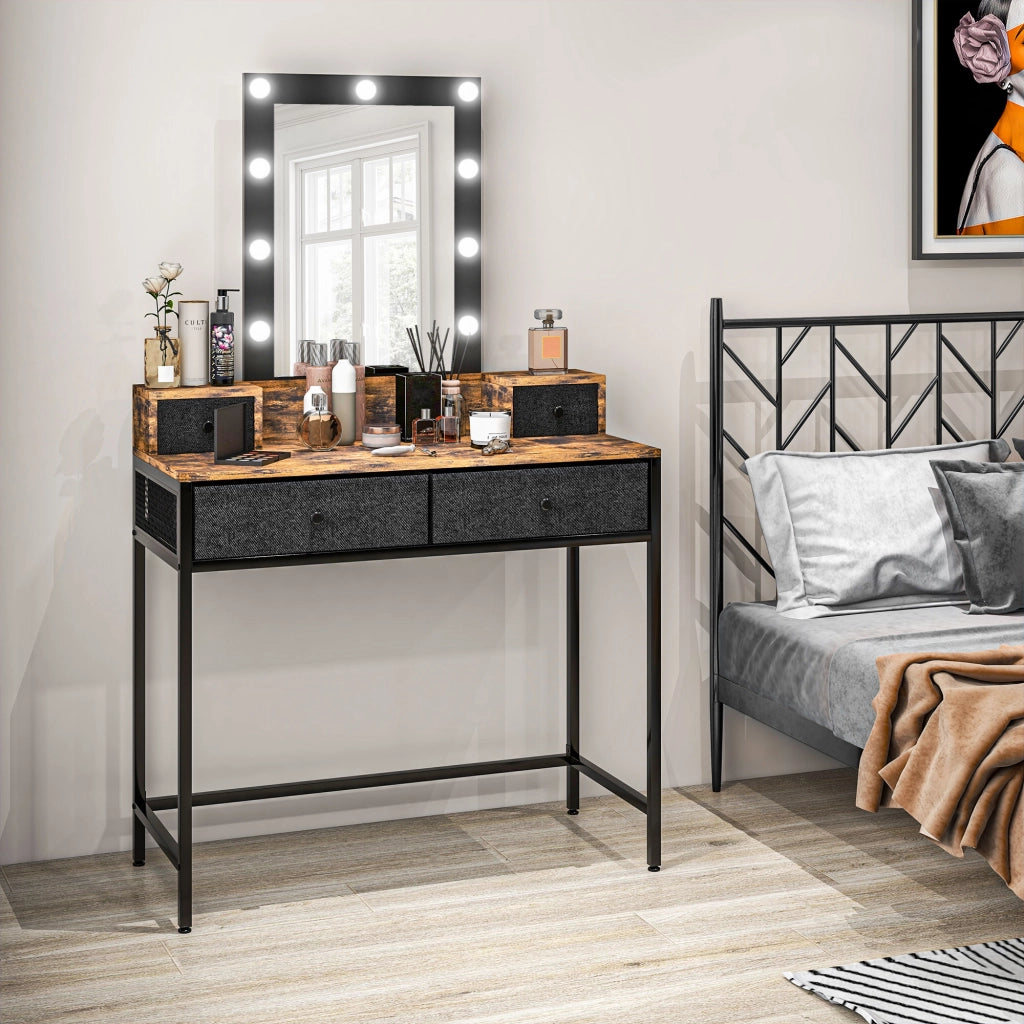 Toeletta con specchio LED regolabile ¨C Xylo ¨C 4 cassetti in tessuto, metallo nero, legno scuro
