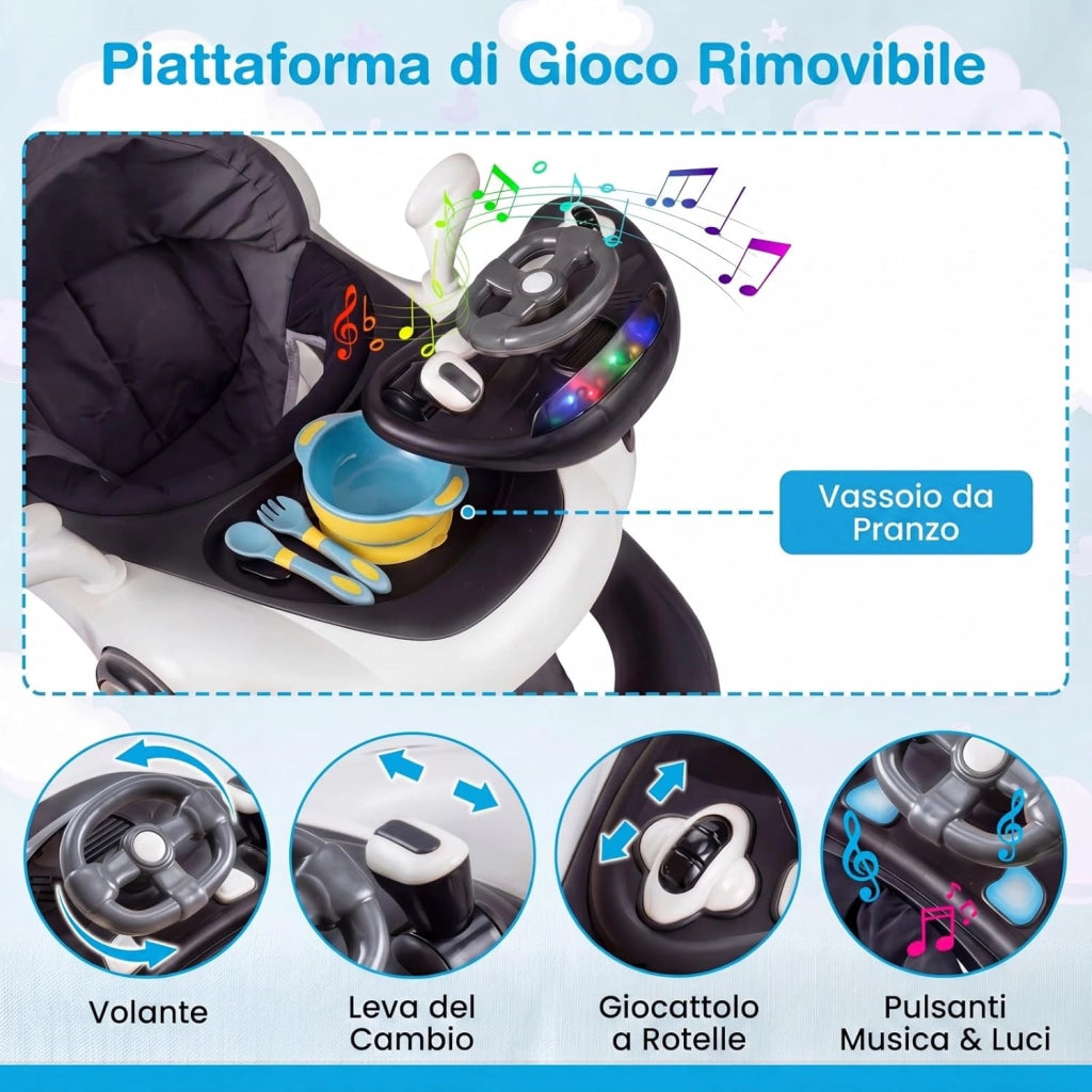 Girello per Bambini 6-in-1 Evolutivo, Centro Attività Pieghevole con Maniglia, Regolazione Altezza/Velocità, con Musica, Luci Tenda, per Neonati 6-18 Mesi (Nero+Bianco)