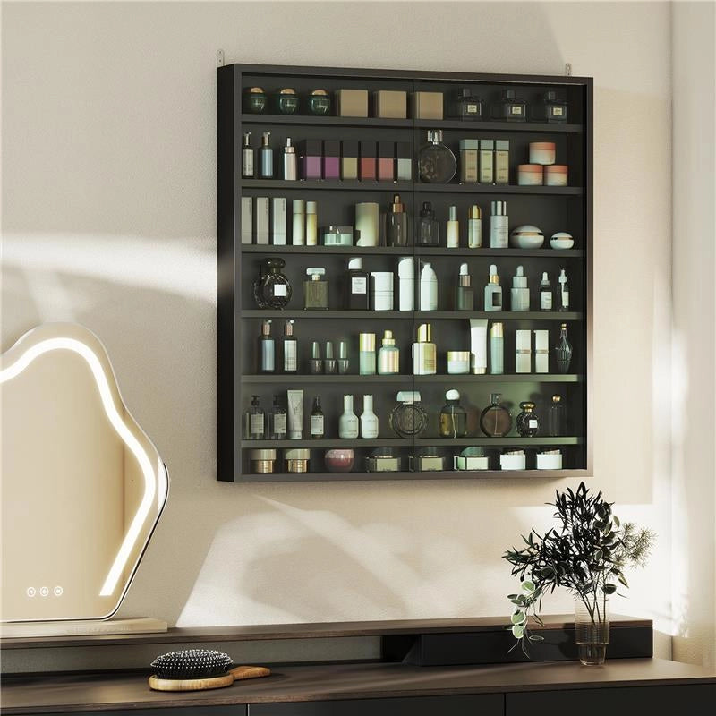 BACHECA PORTAOGGETTI A 6 RIPIANI REGOLABILI IN LEGNO CON ANTE IN VETRO, 80X9.5X83 CM, NERO