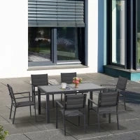 Set da Giardino con Tavolo Allungabile in Vetro e 6 Sedie con Seduta Traspirante, Grigio Scuro