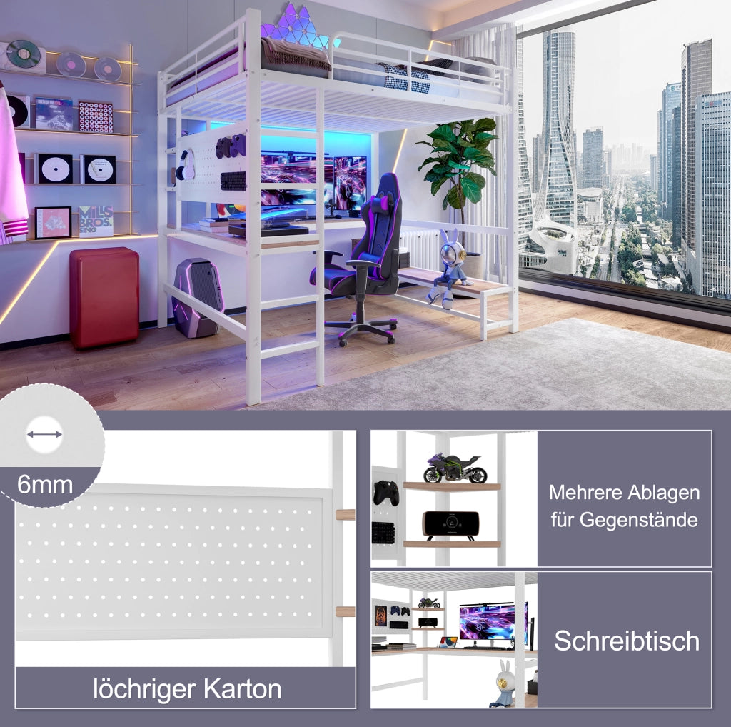 Letto a soppalco 140x200 cm con scrivania; LED e presa USB Type-C; metallo e MDF; bianco