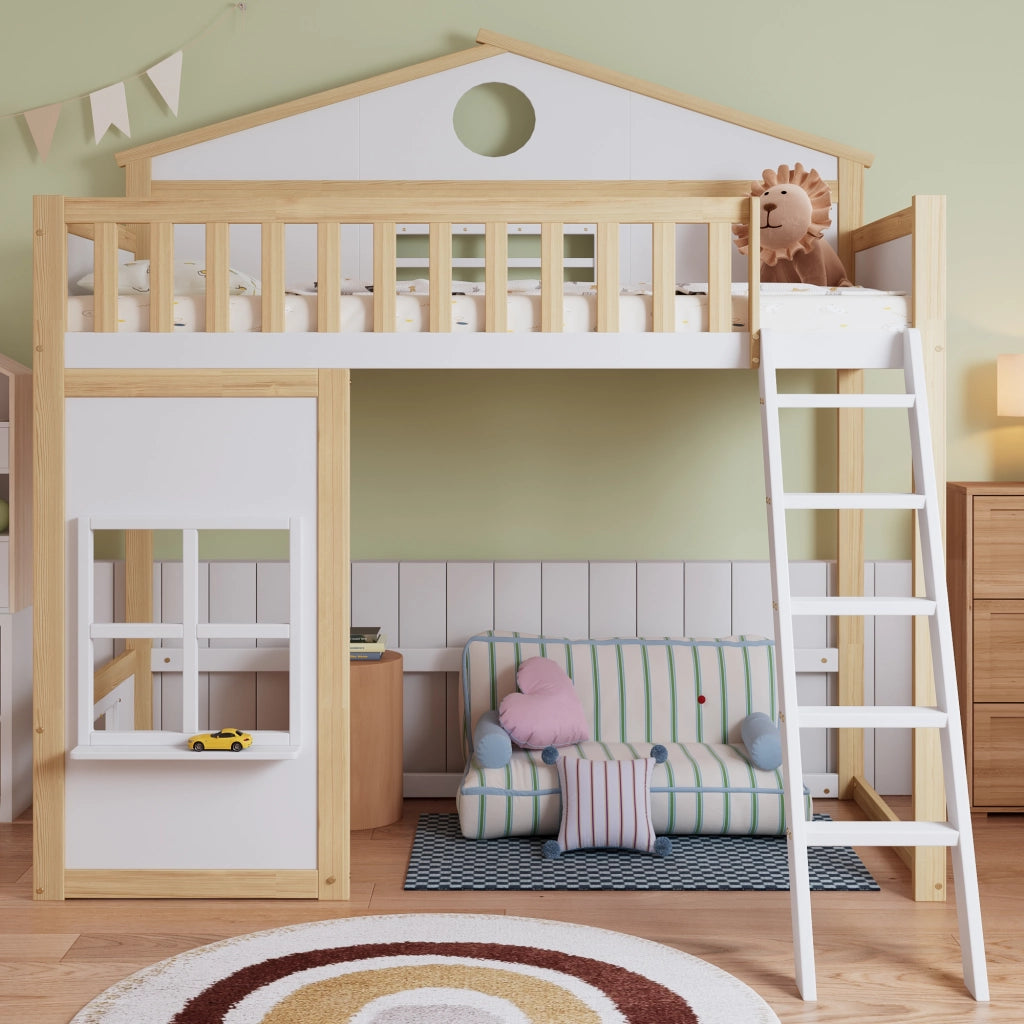 Letto a castello per bambini - Zephmum- Con scala, tetto, finestra e protezioni- 90x200cm- Bianco e naturale