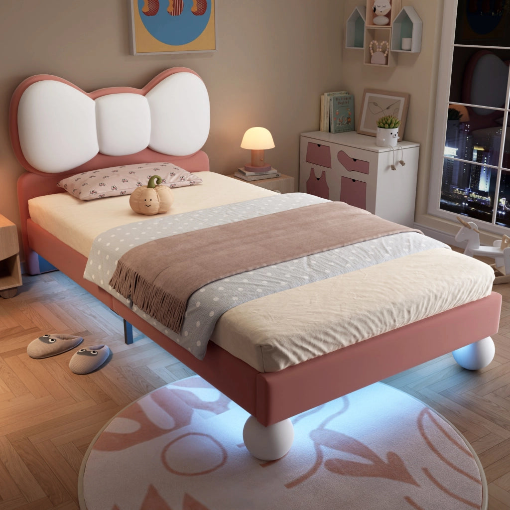 Letto per Bambini 90×200 cm; Letto Singolo con LED Regolabile e Testiera a Farfalla; senza Materasso; Velluto Rosa e Beige