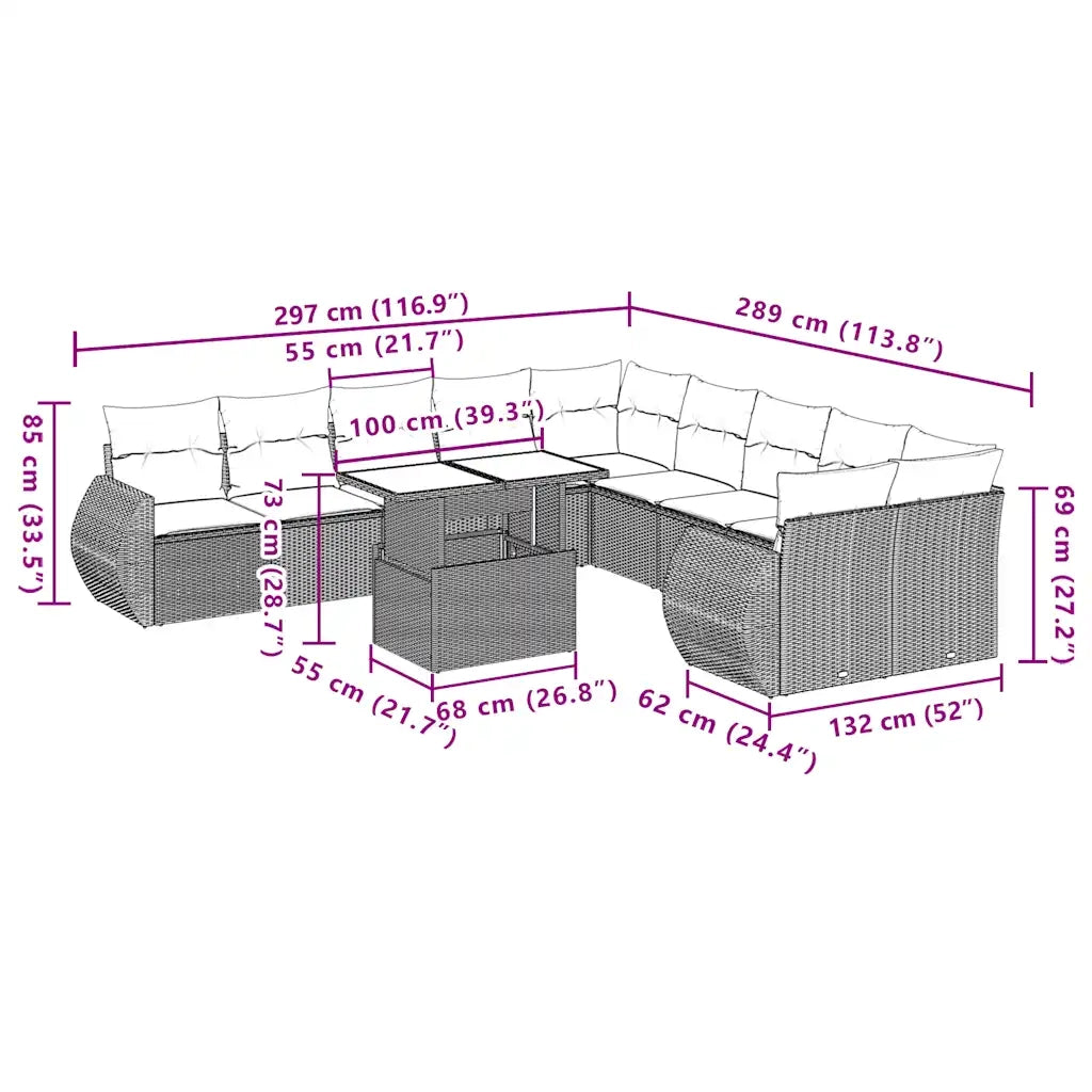 Set Divani da Giardino 11 pz con Cuscini Grigio in Polyrattan 3268801