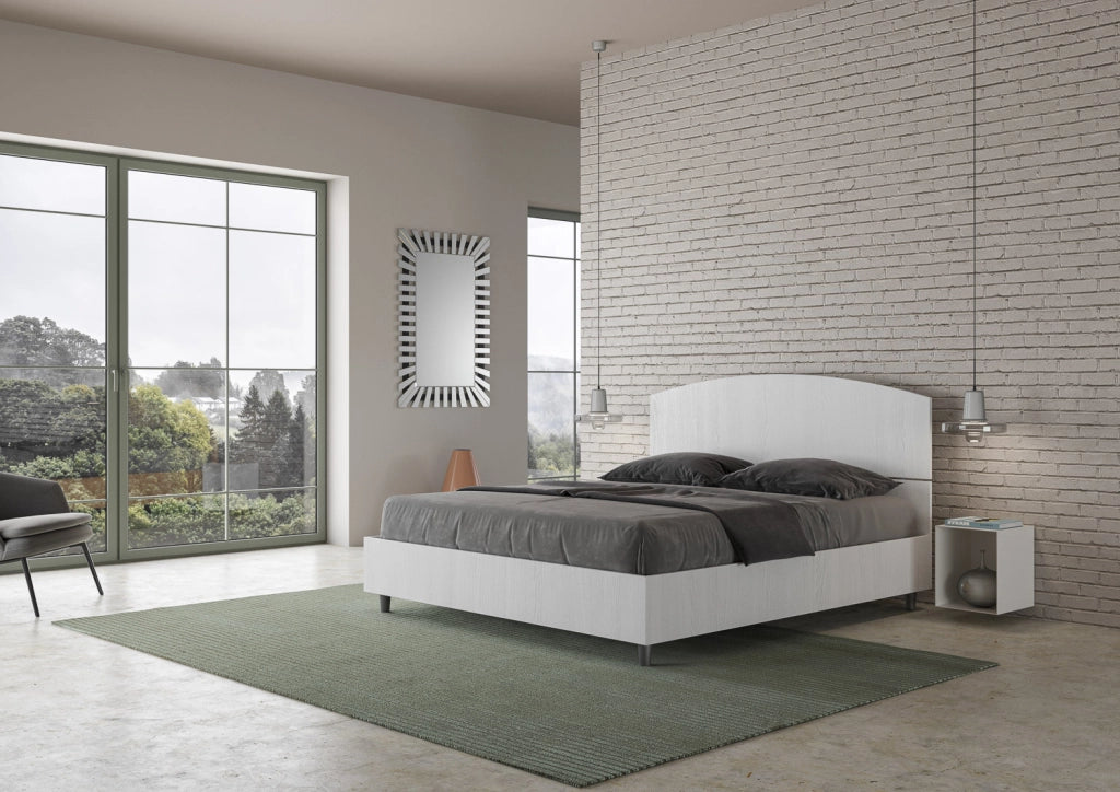 Letto Matrimoniale 160x200 cm con Rete e Contenitore Alzata Comoda Testata Inclinata a Doghe Dora Bianco Frassino