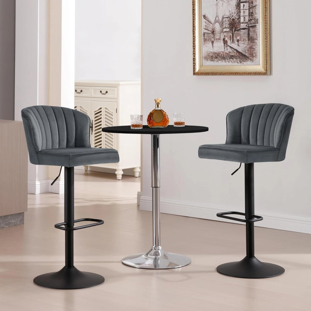 Sgabello da Bar con Schienale, Sedia con Poggiapiedi, Sgabello Regolabile in Altezza e Girevole, Forma a Conchiglia, in Velluto e Metallo, Grigio Scuro