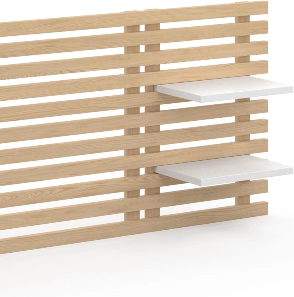 Testiera effetto doga 240 cm in legno chiaro e ripiani bianchi AVA