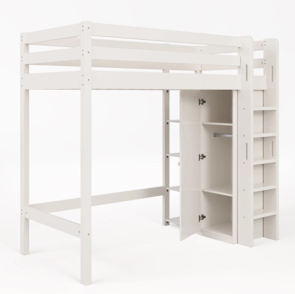 Letto a castello alto per bambini 90x200 cm con armadio e 6 ripiani; bianco