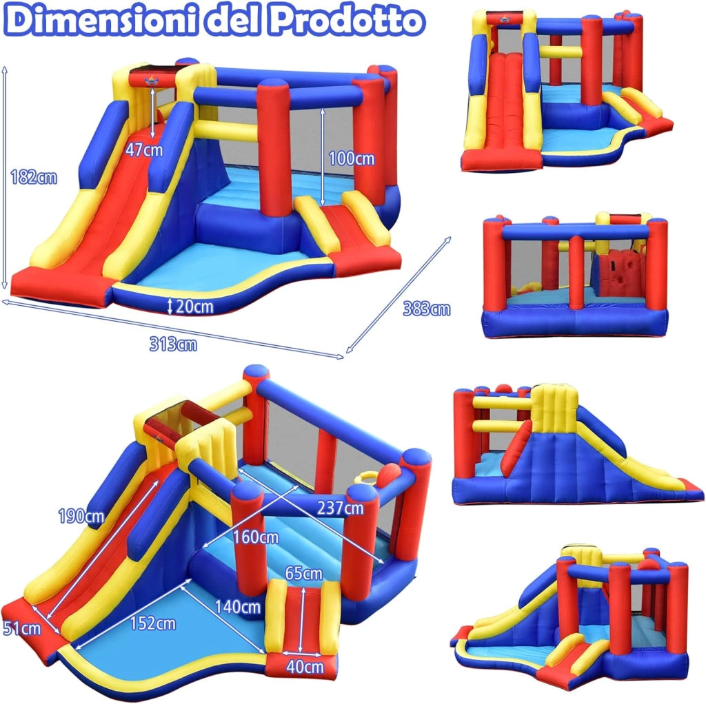 Castello Gonfiabile per Bambini, Casa Gonfiabile con Scivolo, Area per Saltare, Piscina, Parete per Arrampicarsi, con Borsa di Trasporto e Kit di Riparazione, per 4 Bambini di 3-10 Anni