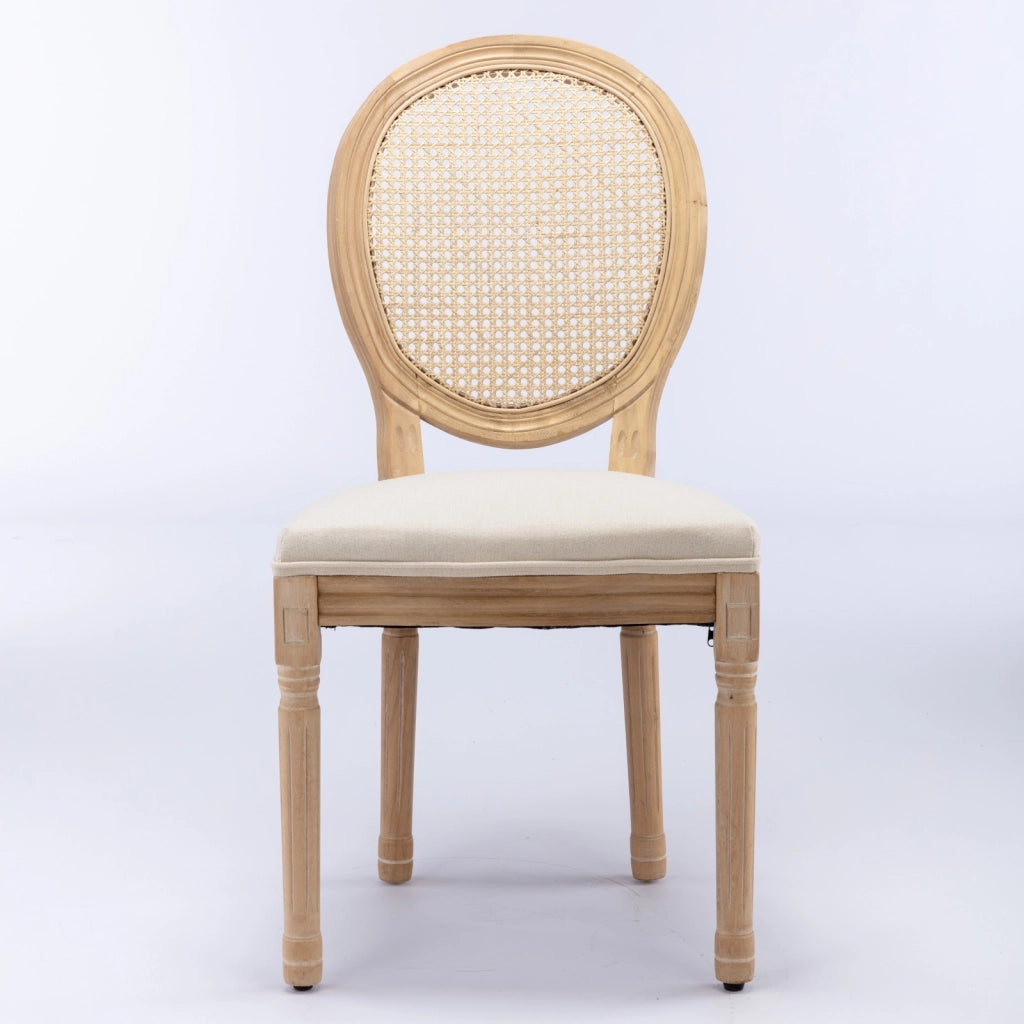 Sedie da Pranzo in Legno Massello e Rattan con Seduta in Lino ¨C MINIMAL ¨C Beige, Set 2 Pezzi