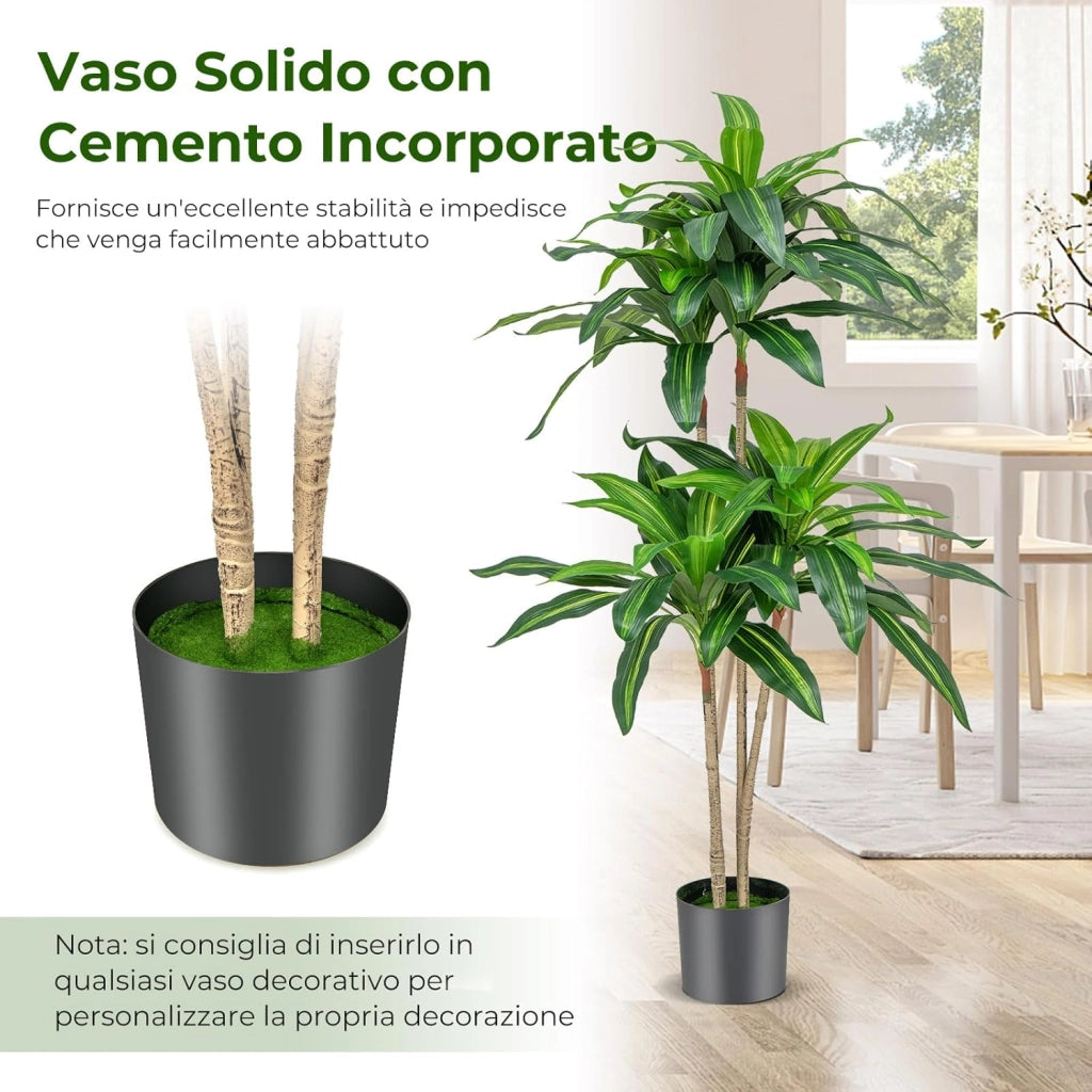 Pianta Finta Dracaena Alto 140 cm, Albero Artificialecon 92 Foglie e Vaso di Cemento Incorporato, Pianta Verde Realistica da Interno ed Esterno, Nessuna Manutenzione Richiesta