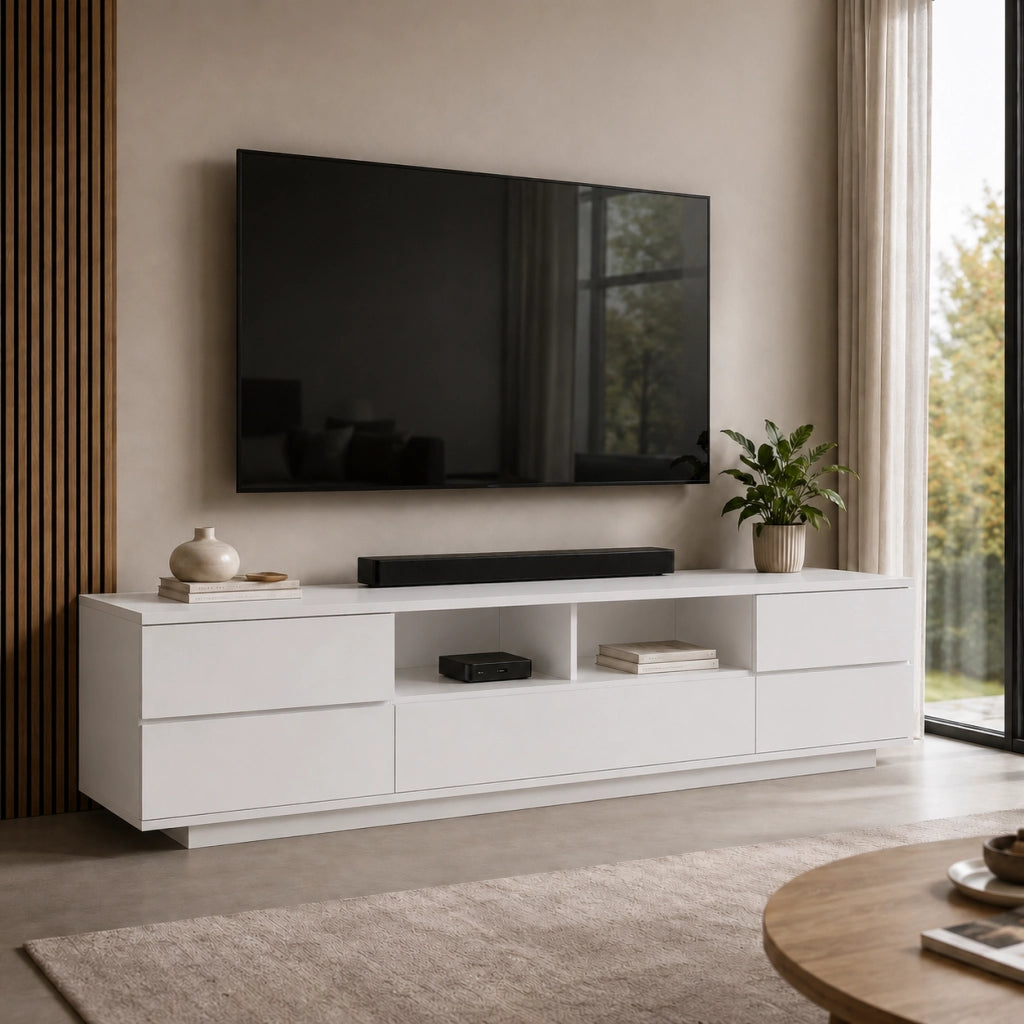 Mobile Televisore Moderno Con 4 Ante 1 Anta A Ribalta 2 Vani A Vista Con Passacavi Per Soggiorno Zona Living Salotto In MDF Resistente 180 x 38 x 46 Cm Bianco