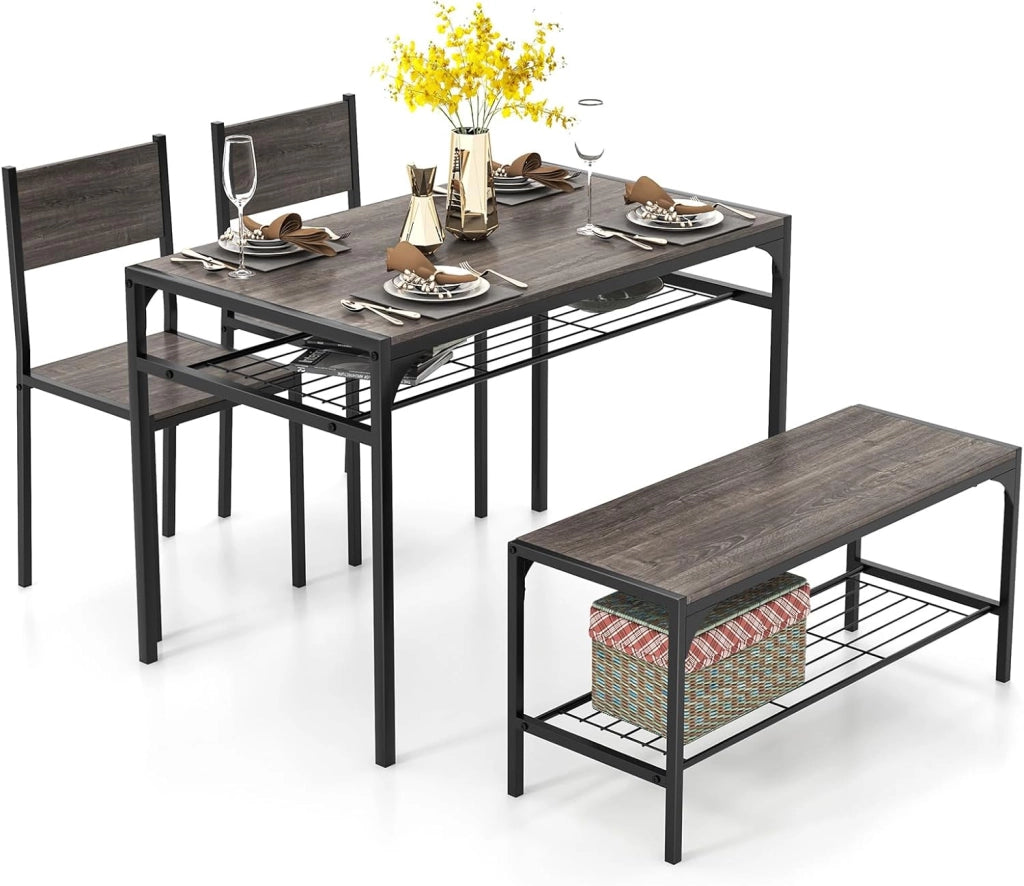 Set da Pranzo 4 Pezzi, Tavolo da Pranzo Industriale con 2 Sedie e Panca, Mobili da Cucina con Telaio in Metallo, Ripiano Portaoggetti(Marrone)