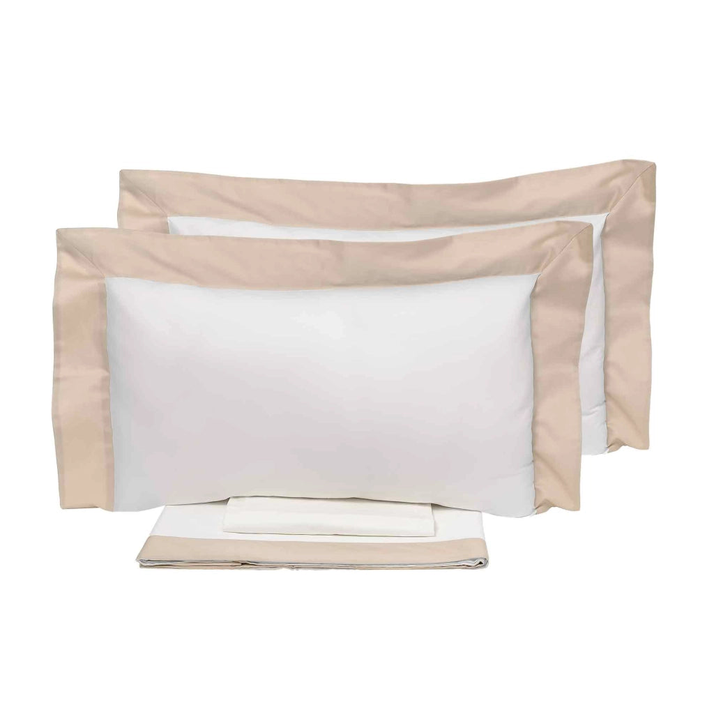 Set Lenzuola Matrimoniale Francese Sopra Sotto e Federe Bordi in Raso Garrini Eveline Avorio/Beige