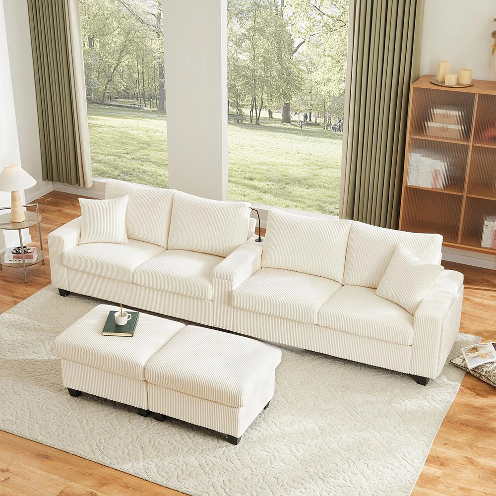 Divano a U in velluto costato - Xylo - 334x128,5x81 cm - Beige - 2 sgabelli, luce LED, porta-bevande, USB/Type-C
