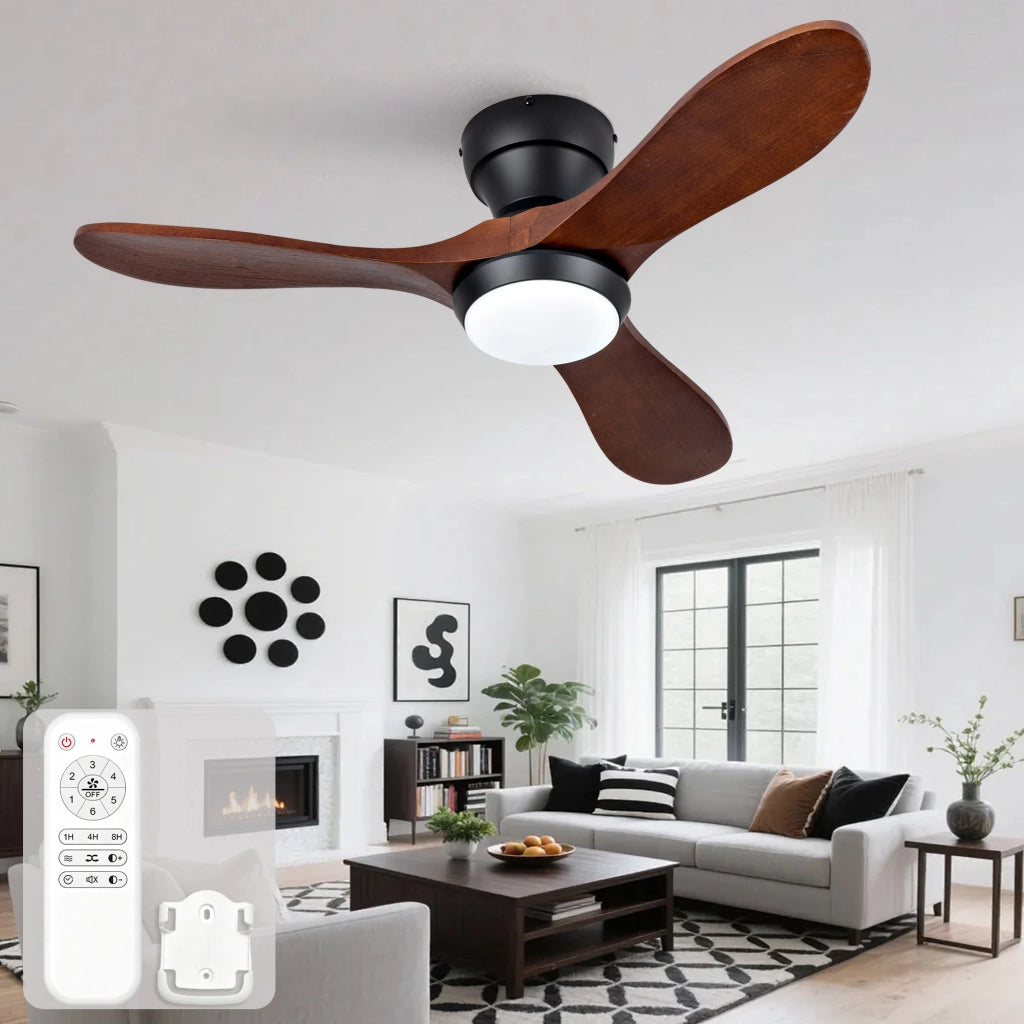 VENTILATORE DA SOFFITTO 91 cm con LED, telecomando, 3 pale in legno massello nero/nocciola