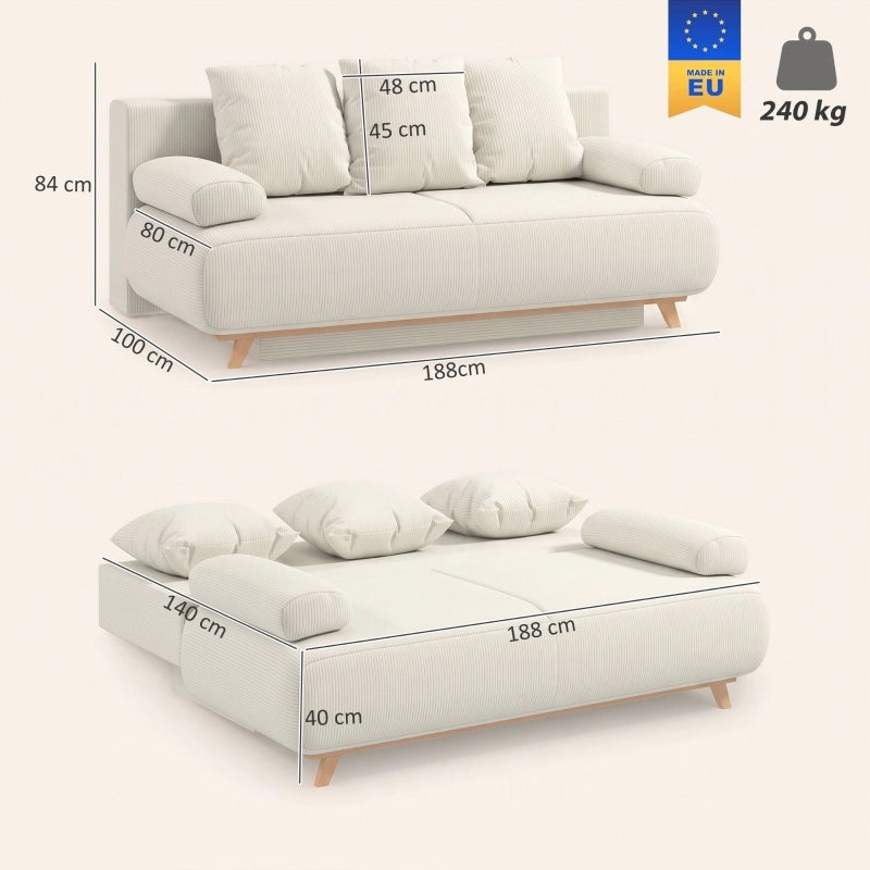 Divano letto 3 posti con contenitore e schienale regolabile in velluto a coste beige
