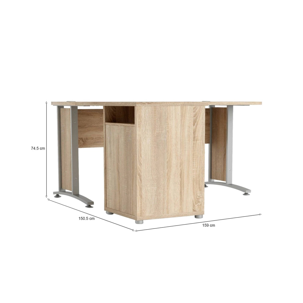 Scrivania Alfango, Scrittoio multiuso, Tavolo per ufficio porta PC, Piano di lavoro, 159x151 h75 cm, Grigio e Quercia