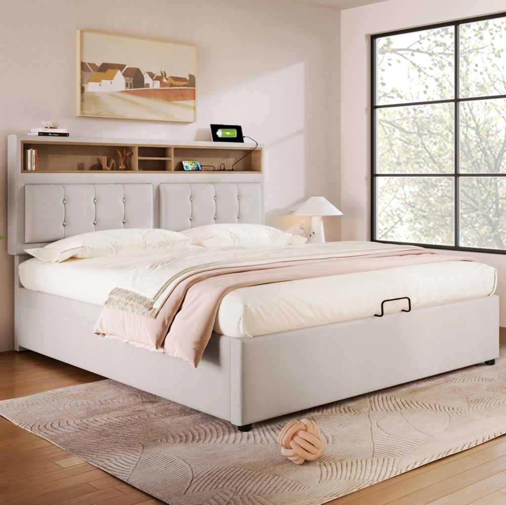 Letto matrimoniale contenitore 160x200 cm con testiera regolabile; USB/Type-C e materasso; lino beige