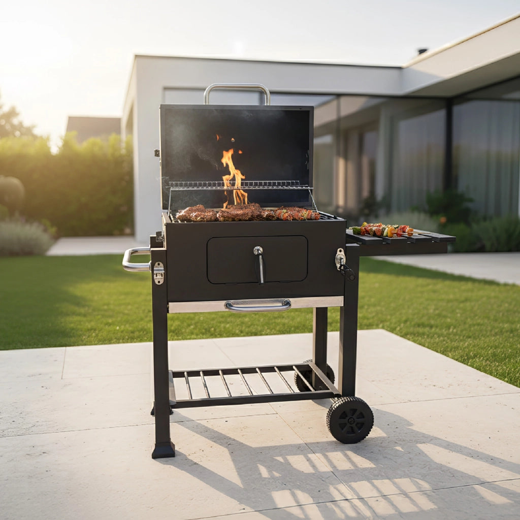 Barbecue a Carbone con Coperchio e Termometro, 1 Griglia di Cottura + Griglia Mantenimento, Apertura Frontale, Ripiano Laterale e Apribottiglie, BBQ da Giardino con Ruote