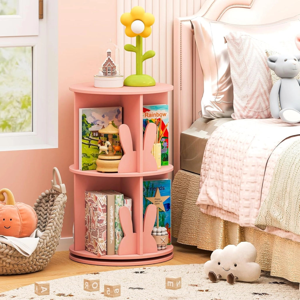 Libreria Girevole per Bambini, Scaffale Moderna in Legno a 2 Ripiani, Libreria Salvaspazio per Soggiorno, Camera da Letto e Studio, 40 x 65 cm (Rosa)