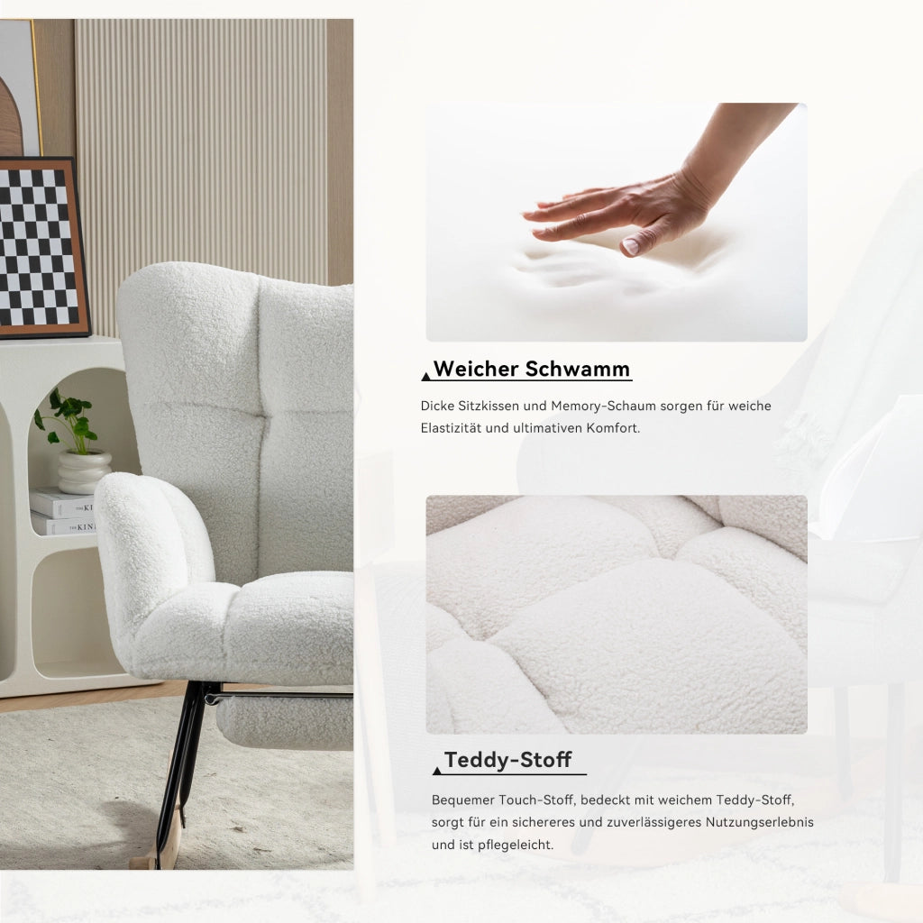 OKWISH Poltrona a Dondolo con Poggiapiedi Pieghevole, Schienale Alto Ergonomico e Braccioli Imbottiti, Teddy, Bianco