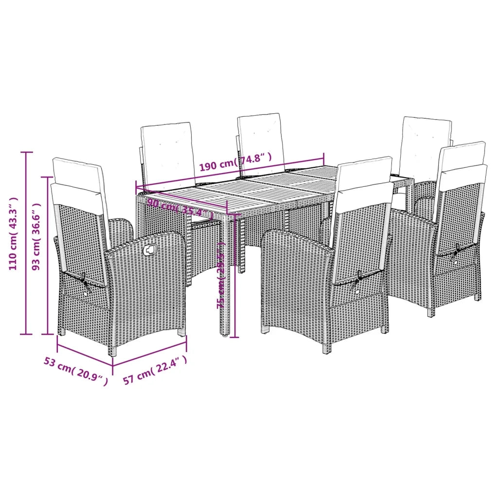 Set da Pranzo da Giardino 7 pz Nero con Cuscini in Polyrattan