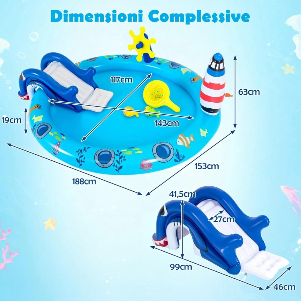 Piscina Gonfiabile per Bambini, Piscinetta Fuori Terra a Tema Marino con Spruzzo, Scivolo e 2 Pesciolini Giocattolo, Parco Gioco Acquatico Esterno per Giardino e Cortile, per Bambini 2-6 Anni