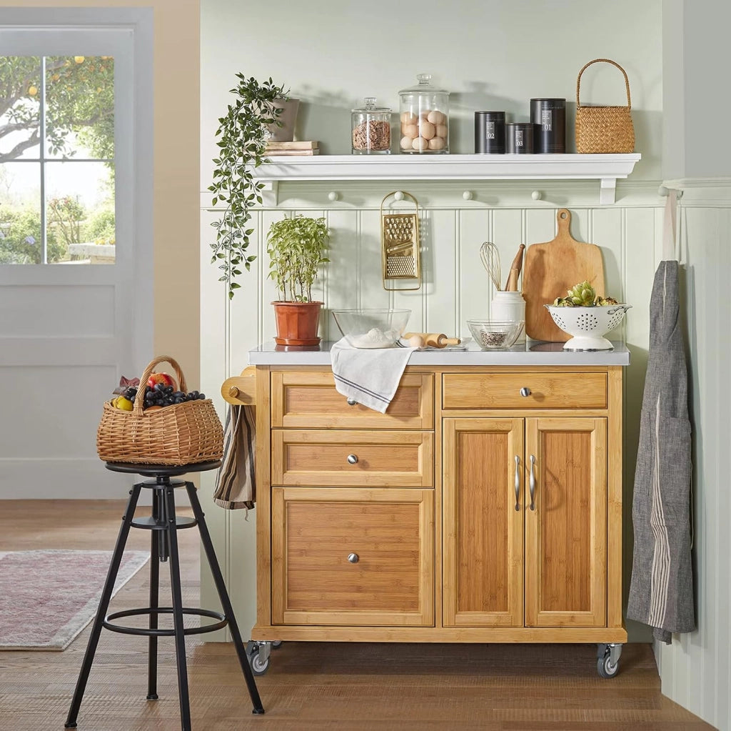 Carrello Cucina con Ruote Isola Cucina con Piano di Lavoro in Acciaio Inox, 4 Cassetti e Ripiani Regolabili Mobile Salvaspazio per Mobili da Cucina Naturale 115 x 46 x 92 cm FKW70-N