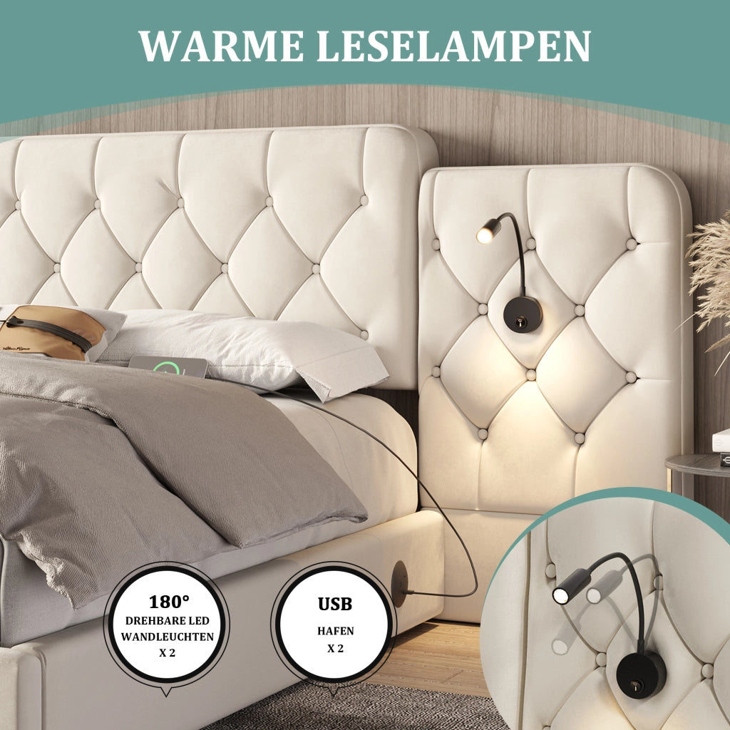 OKWISH Letto Contenitore 180×200 cm, Letto Matrimoniale con 4 Porte USB, Lampade da Lettura e Sollevamento Idraulico, senza Materasso, Velluto, Beige