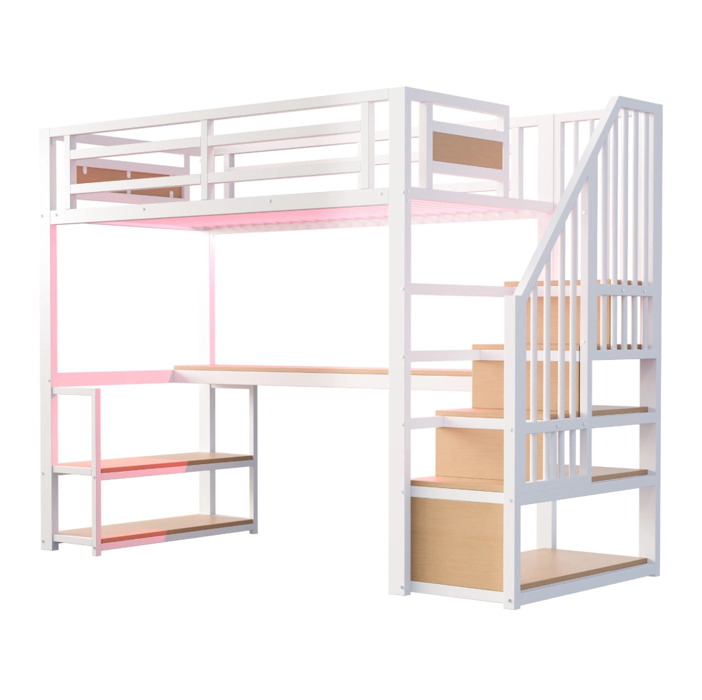 Letto a soppalco 90x200 cm con scala contenitore; mensole e scrivania in metallo bianco