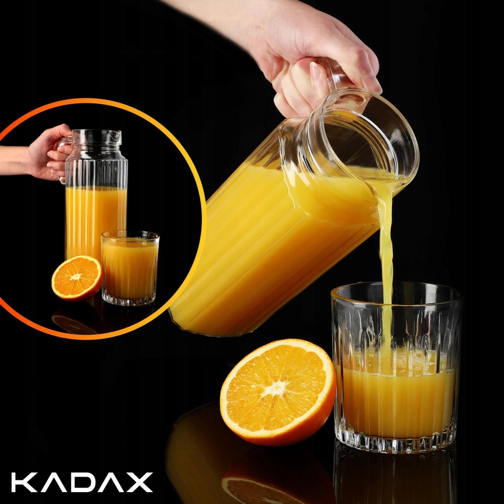 Caraffa in vetro KADAX per bevande da 1,1 l + 6 bicchieri da 360 ml per succhi di frutta