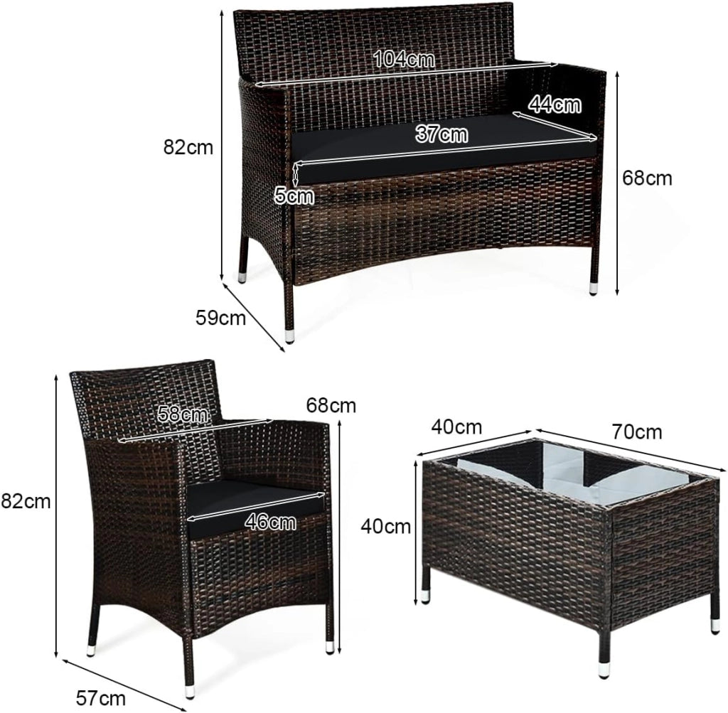 Set di Mobili per 4 Pezzi, Set di Divani in Rattan per Esterni con Piano in Vetro Temperato, Cuscini per Sedili Inclusi