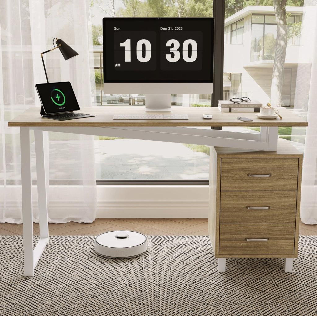 Scrivania 130x55x75 cm con 3 cassetti; struttura stabile in MDF e acciaio; naturale e bianco