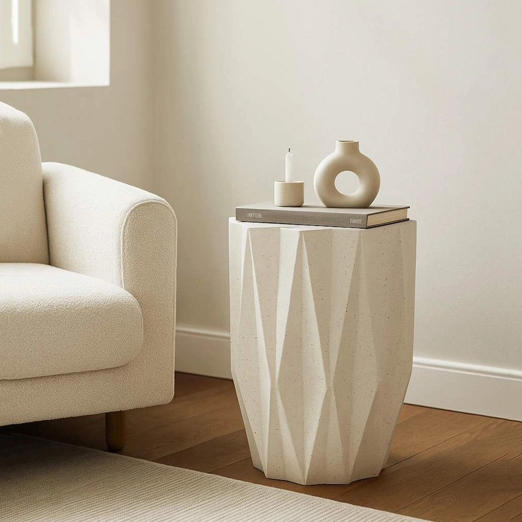 Gala, Tavolino da Salotto Adatto per Indoor/outdoor Effetto Pietra, 46x60x46h cm Bianco Crema