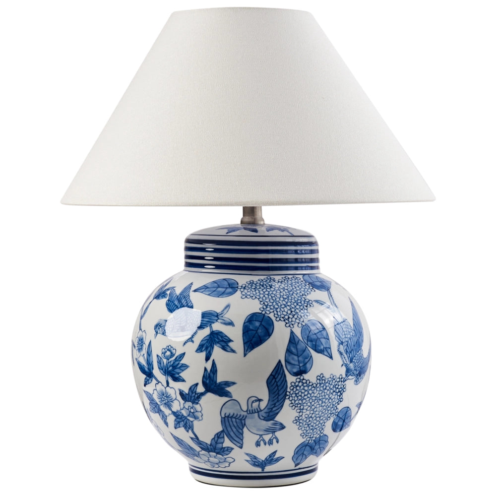 Lampada da tavolo Base in porcellana bianca e blu Paralume a campana in lino con patten floreale Illuminazione elegante